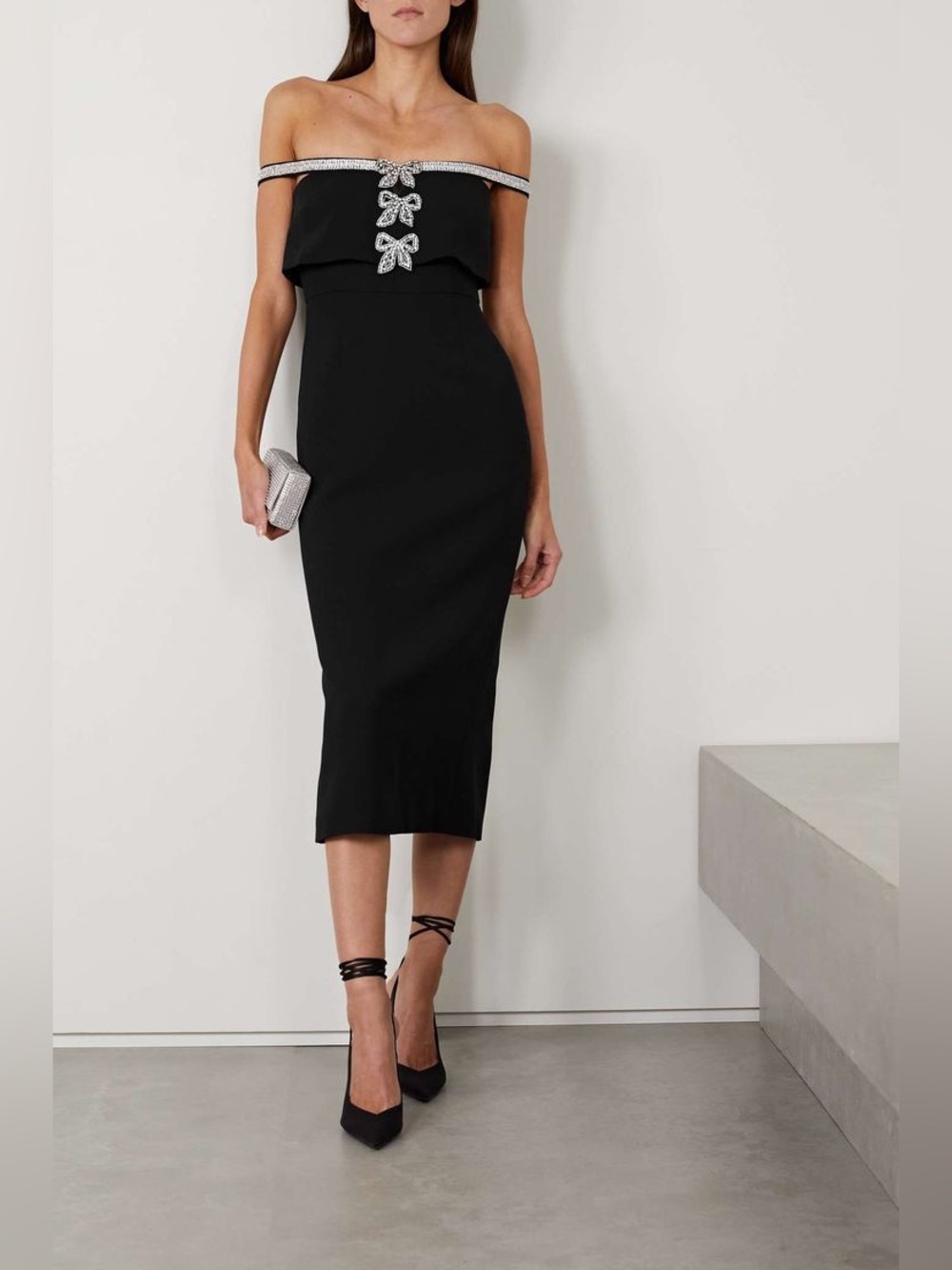 Self Portrait Embellished Crepe Midi Dress Black Size 6